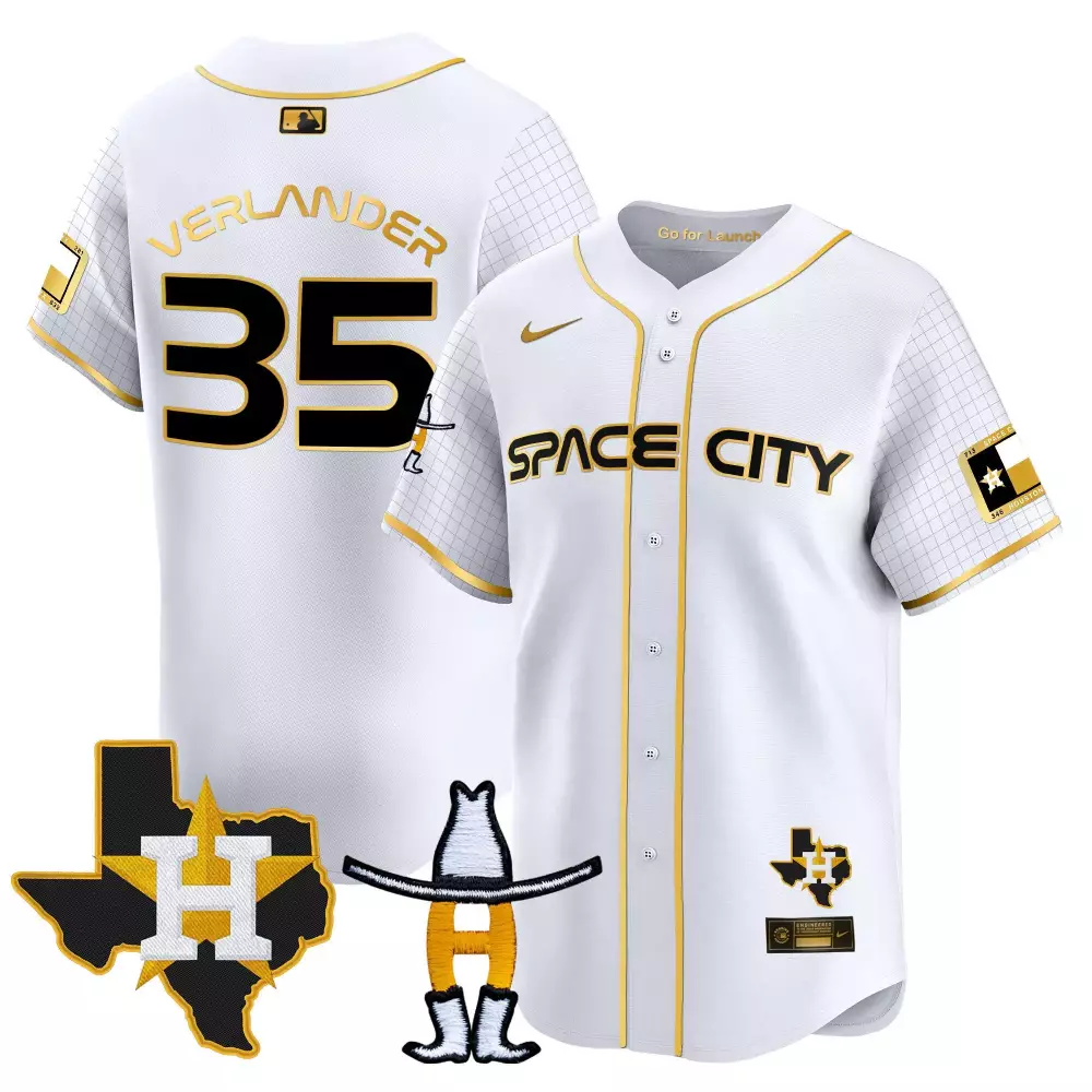 Justin Verlander 35 Jersey White Space City Houston Astros Texas Flag 'h' Men Gold