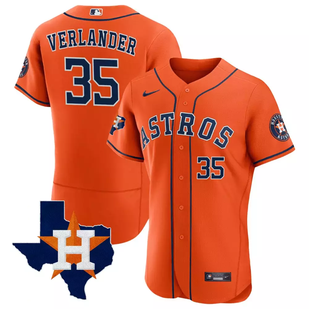 Justin Verlander 35 Astros Jersey Orange Houston Texas Outline Men Navy Blue All