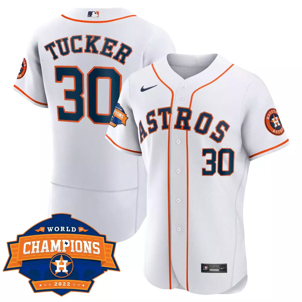 Kyle Tucker 30 Astros Jersey White 2022 World Series Champions Men Navy Orange All