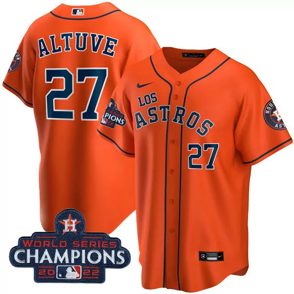 Jose Altuve 27 Houston Astros Jersey Orange 2022 World Series Champions Men Navy