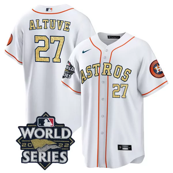 Jose Altuve 27 Astros Jersey White 2022 World Series Men Orange Gold All Stitched