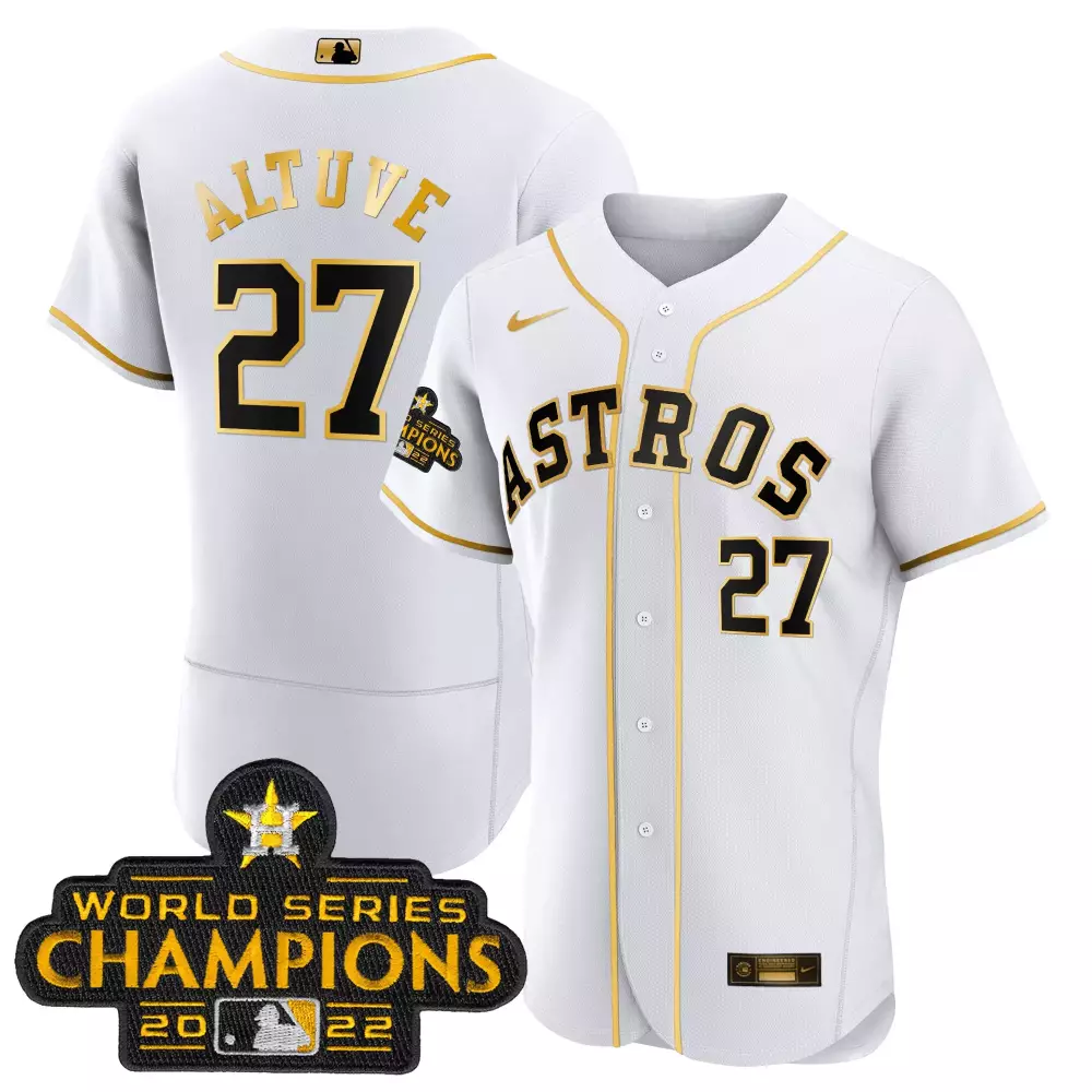 Jose Altuve 27 Astros Jersey White World Series Champions 2022 Men Gold Black All