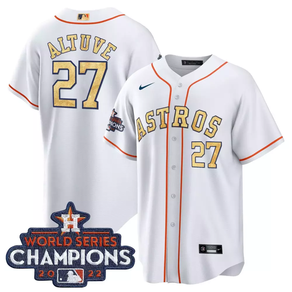 Jose Altuve 27 Astros Jersey White World Series Champions 2022 Men Orange Gold Cool
