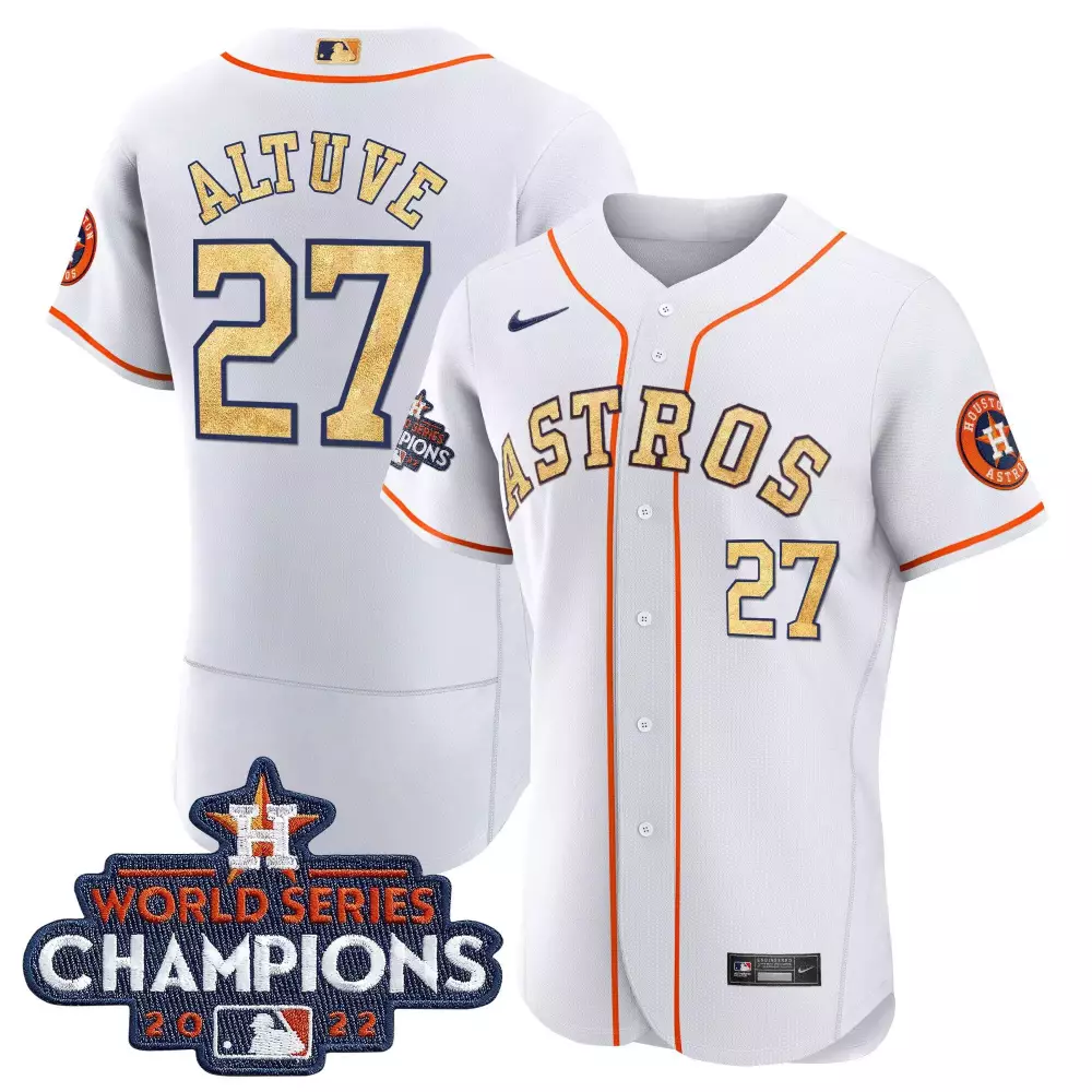 Jose Altuve 27 Astros Jersey White 2022 World Series Champions Men Orange Gold All