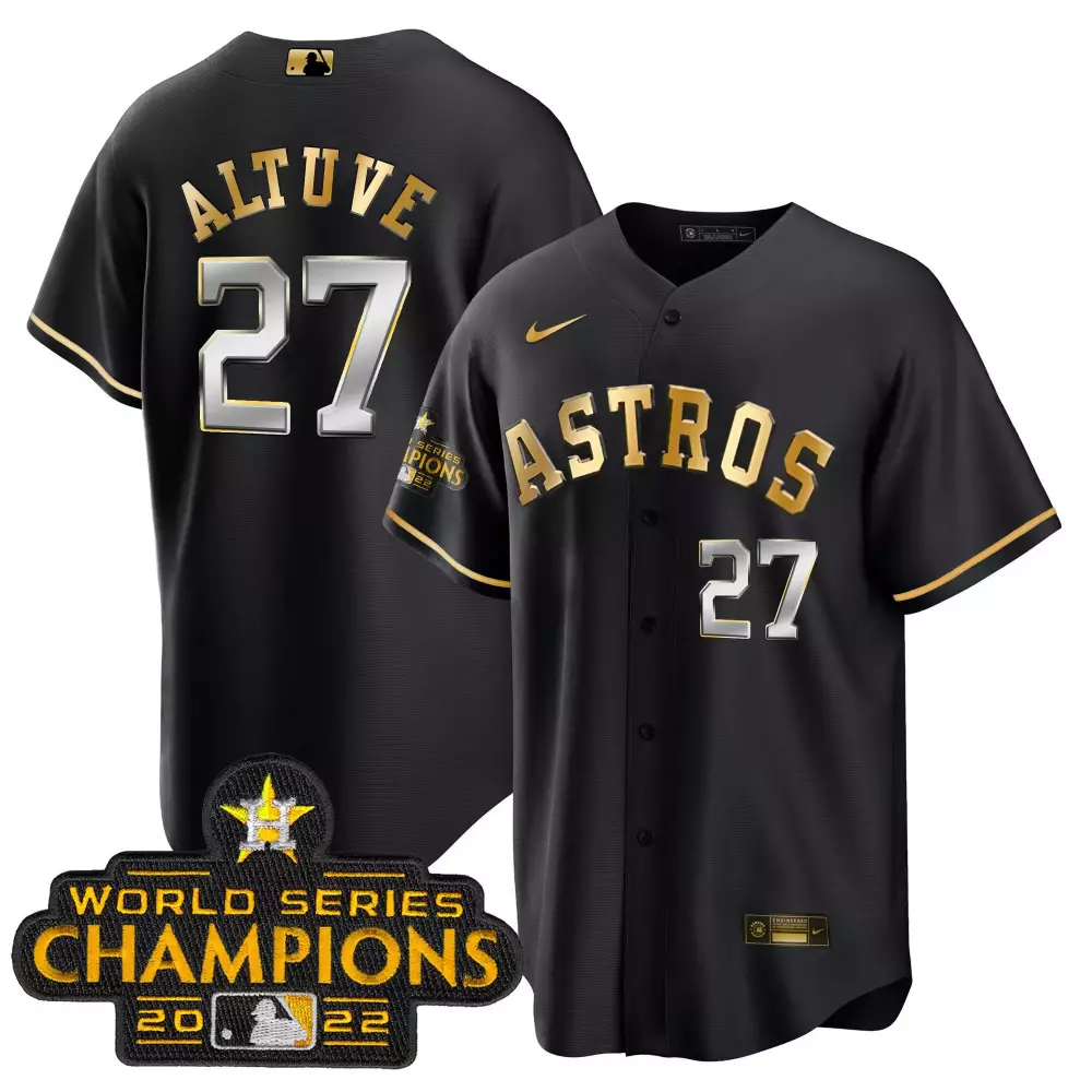 Jose Altuve 27 Astros Jersey Black World Series Champions 2022 Men Gold Silver Cool