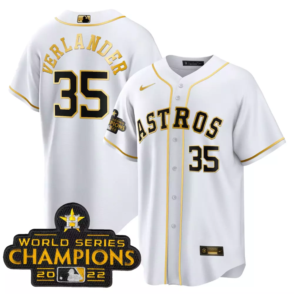 Justin Verlander 35 Astros Jersey White World Series Champions 2022 Men Gold Black