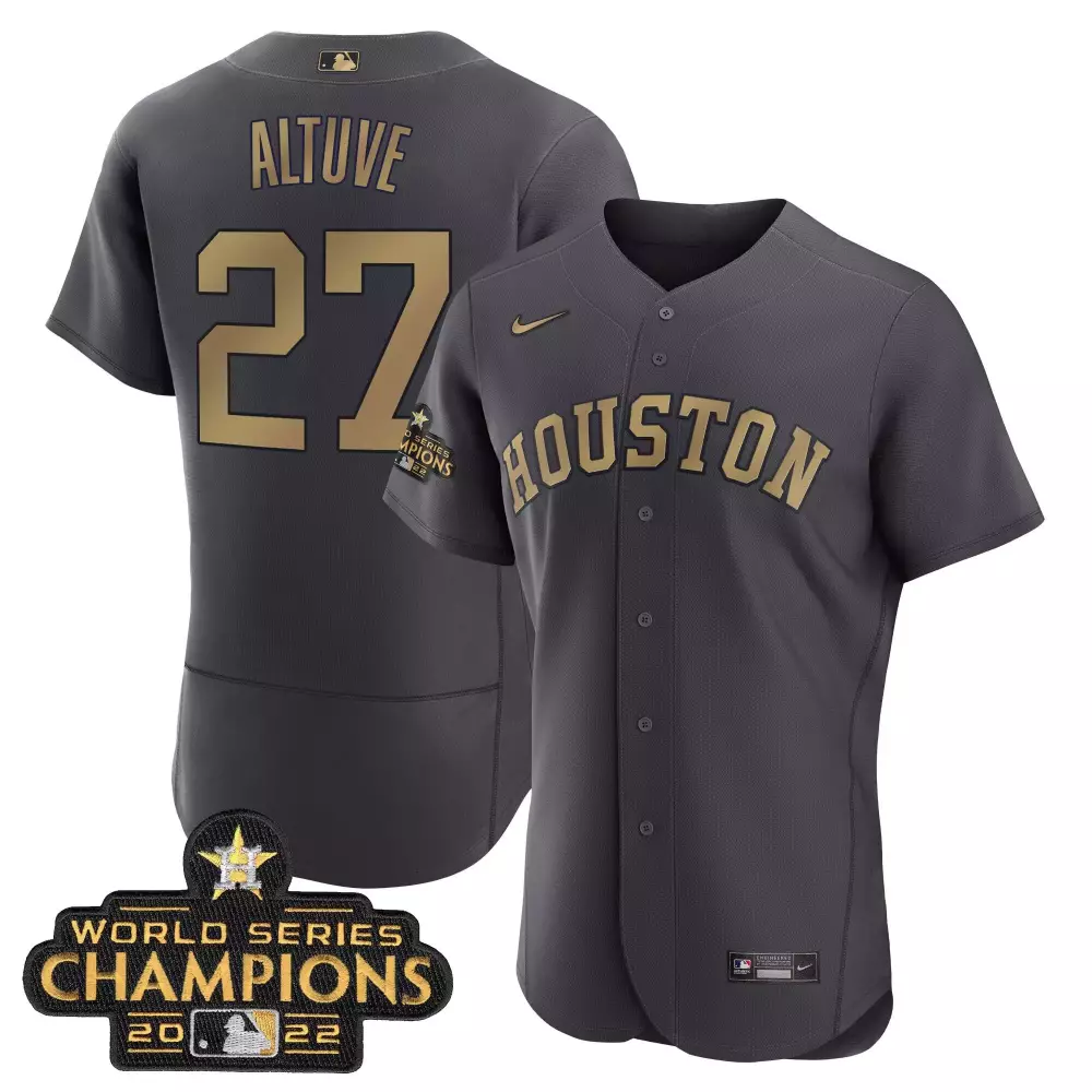 Jose Altuve 27 Houston Jersey Charcoal World Series Champions 2022 Men Gold All Stitched