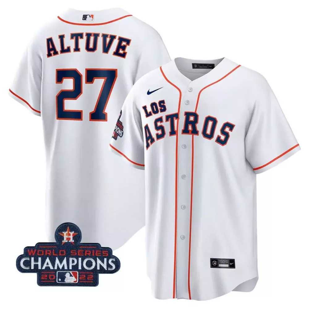 Jose Altuve 27 Houston Astros Jersey White World Series Champions 2022 Men Navy Blue