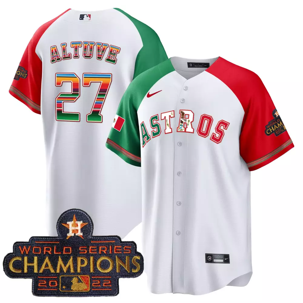 Jose Altuve 27 Astros Jersey White Mexican Flag Inspired World Series Champions 2022