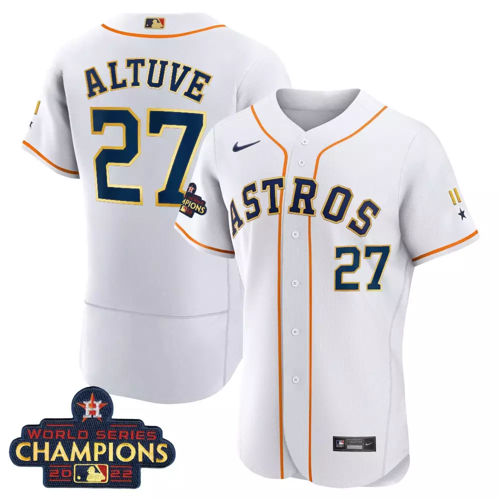 Jose Altuve 27 Astros Jersey White 2022 World Series Champions Men Navy Blue Orange