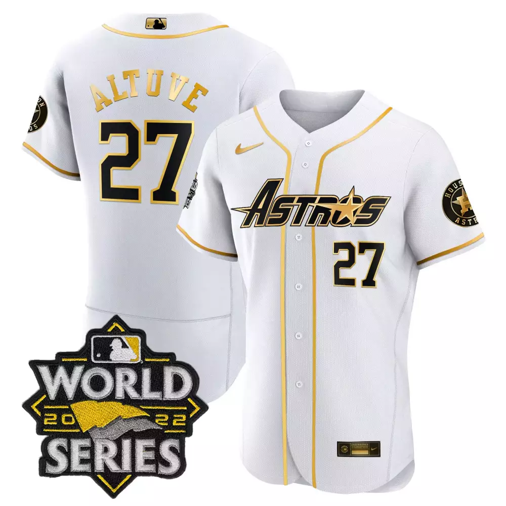 Jose Altuve 27 Astros Jersey White World Series 2022 Men Gold Black All Stitched