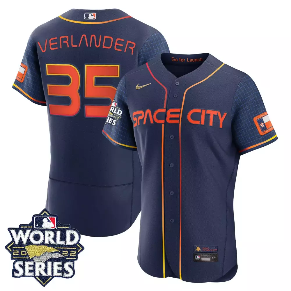Justin Verlander 35 Jersey Navy Blue World Series 2022 Houston Astros Men Orange