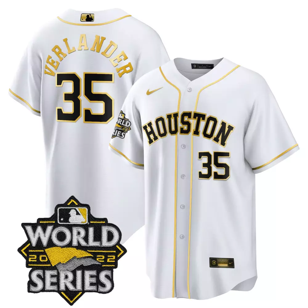 Justin Verlander 35 Houston Jersey White World Series 2022 Men Gold Black Cool Limited