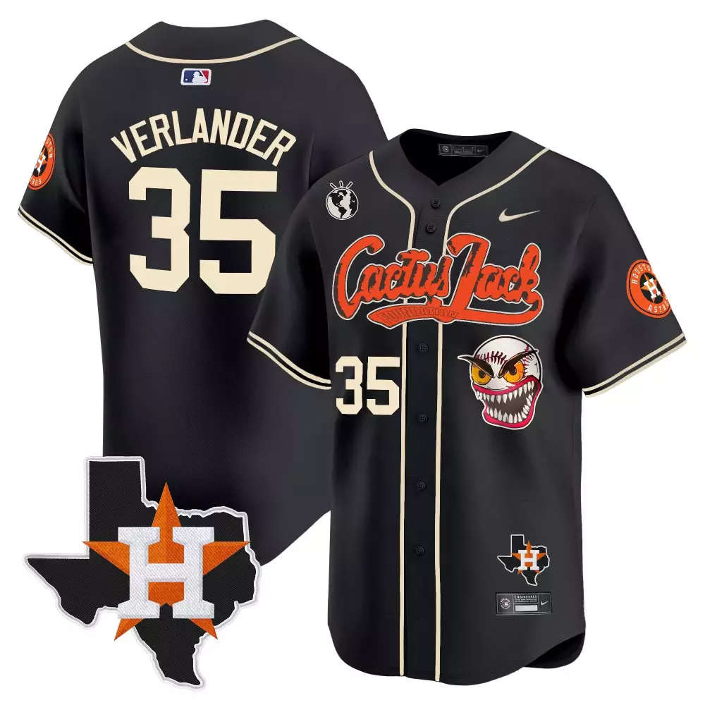 Justin Verlander 35 Jersey Black Cactus Jack Houston Astros World Globe Men Cream