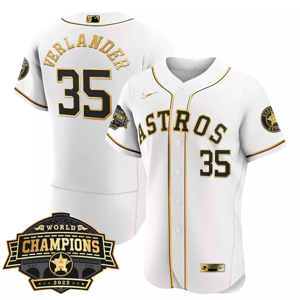 Justin Verlander 35 Astros Jersey White 2022 World Series Champions Men Gold Black