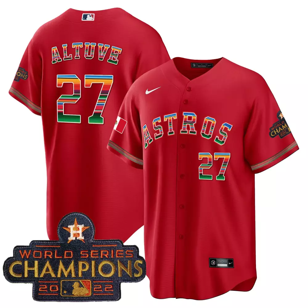 Jose Altuve 27 Astros Jersey Red World Series Champions 2022 Mexican Flag Men Full Button