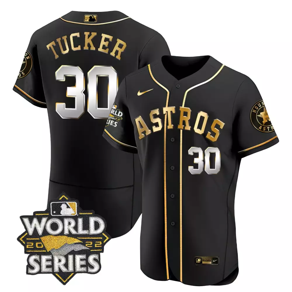 Kyle Tucker 30 Houston Astros Jersey Black 2022 World Series Men Gold Silver Flex