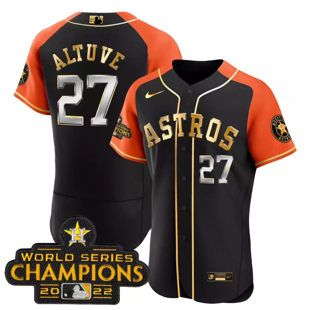 Jose Altuve 27 Astros Jersey Black World Series Champions 2022 Men Orange Gold Silver