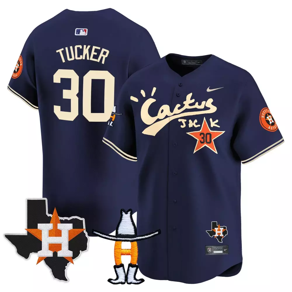 Kyle Tucker 30 Astros Jersey Navy Cactus Jack Texas Shape Cowboy Hat Men Orange Cream