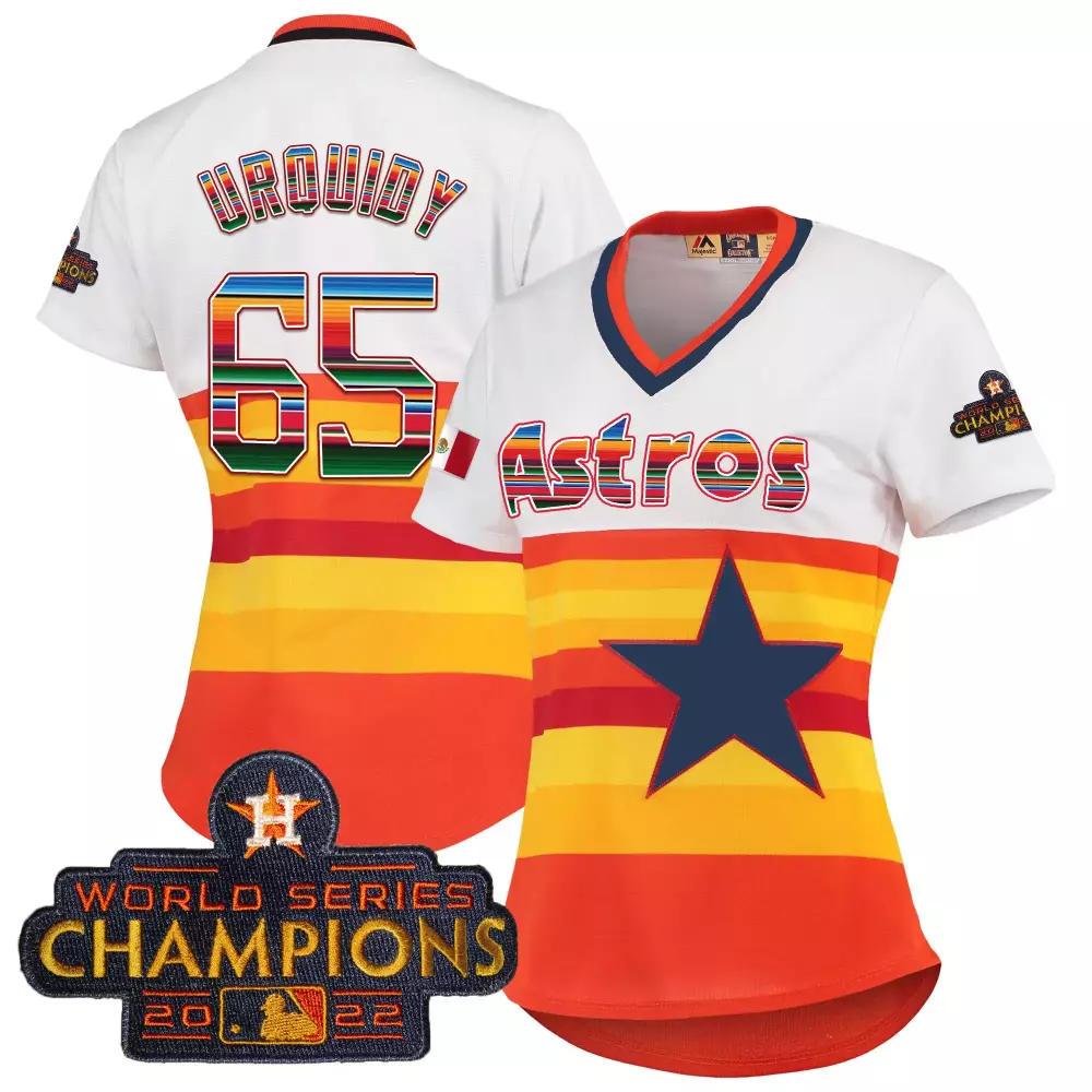 Jose Urquidy 65 Astros Jersey White World Series Champions 2022 Women Split Design