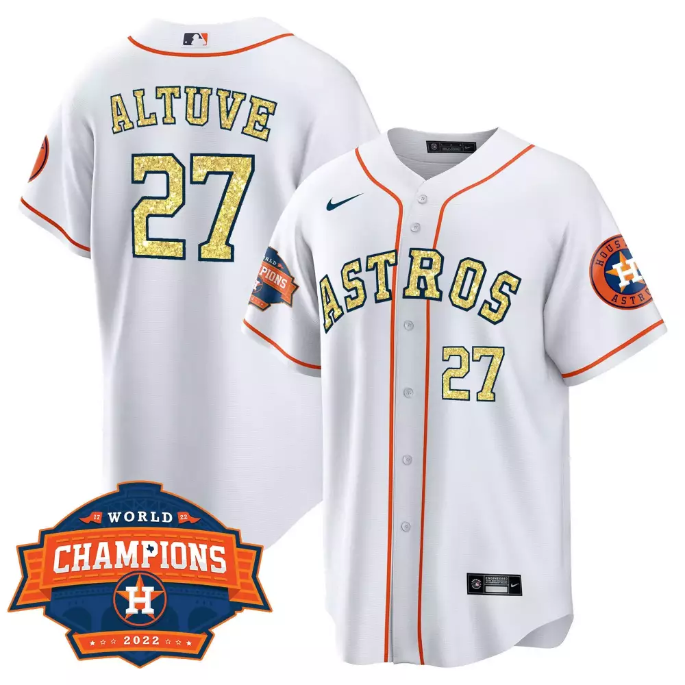 Jose Altuve 27 Astros Jersey White 2022 World Series Champions Men Orange Navy Cool