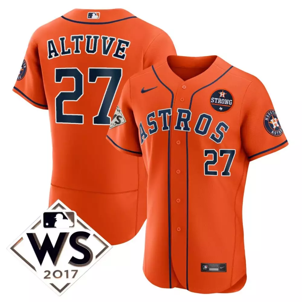 Jose Altuve 27 Astros Jersey Orange World Series 2017 Houston Men Navy Blue All Stitched