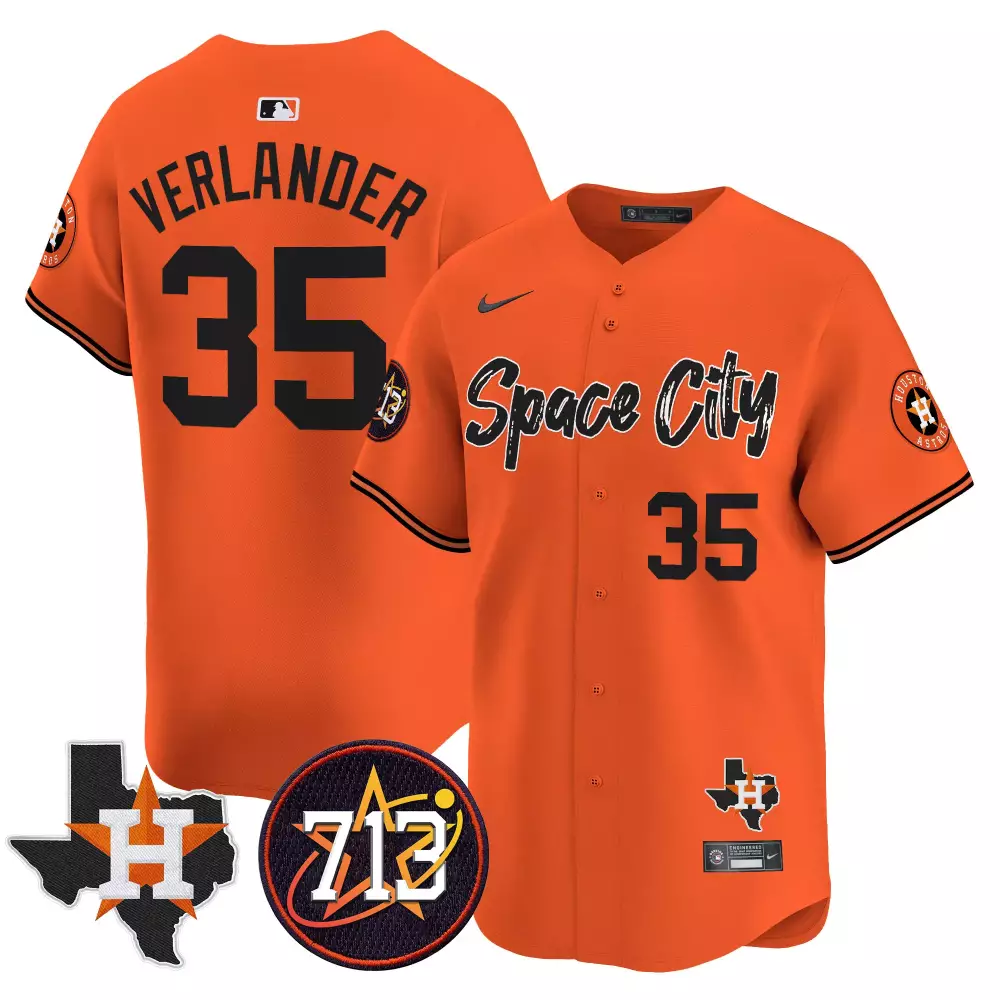 Justin Verlander 35 Astros Jersey Orange Space City Houston Texas Outline Men Black