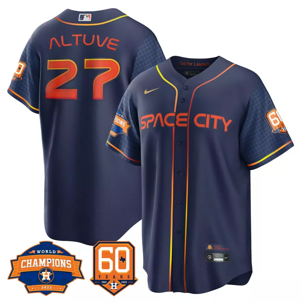 Jose Altuve 27 Astros Jersey Navy Blue Space City World Champions 2022 60 Years 1962-2022