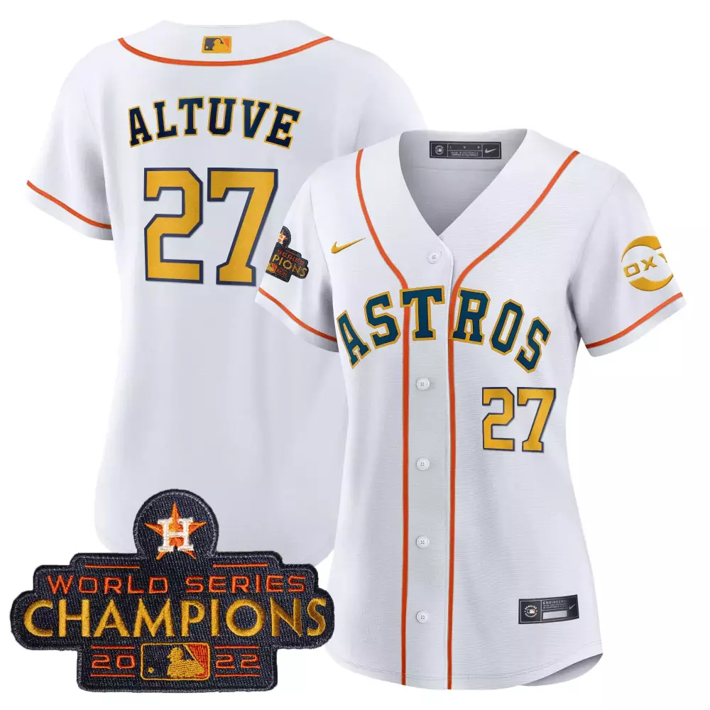 Jose Altuve 27 Astros Jersey White 2022 World Series Champions Men Orange Teal All