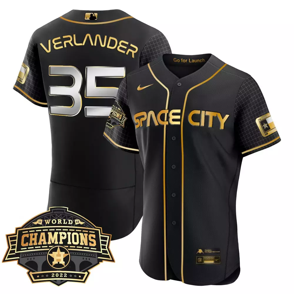 Justin Verlander 35 Space City Jersey Black World Series Champions 2022 Houston Texas