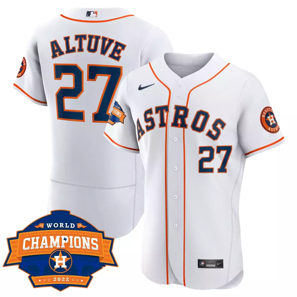 Jose Altuve 27 Astros Jersey White World Champions 2022 Men Orange Navy All Stitched