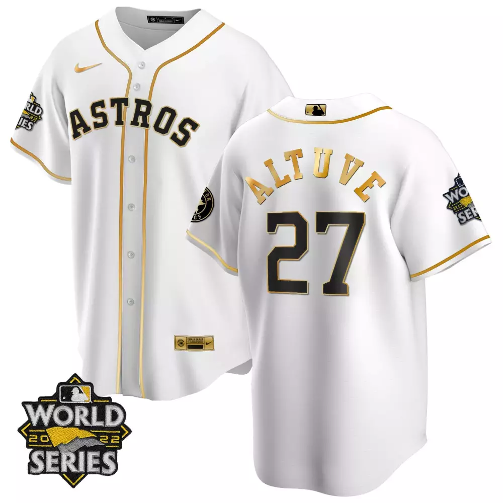 Jose Altuve 27 Astros Jersey White World Series 2022 Men Black Gold All Stitched