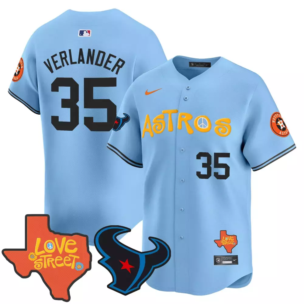 Justin Verlander 35 Astros Jersey Light Blue City Connect Houston Texans Love Street 2024