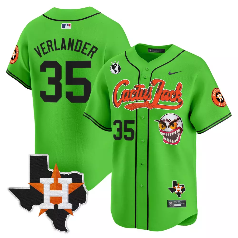 Justin Verlander 35 Jersey Lime Green Cactus Jack Houston Astros Texas State Outline