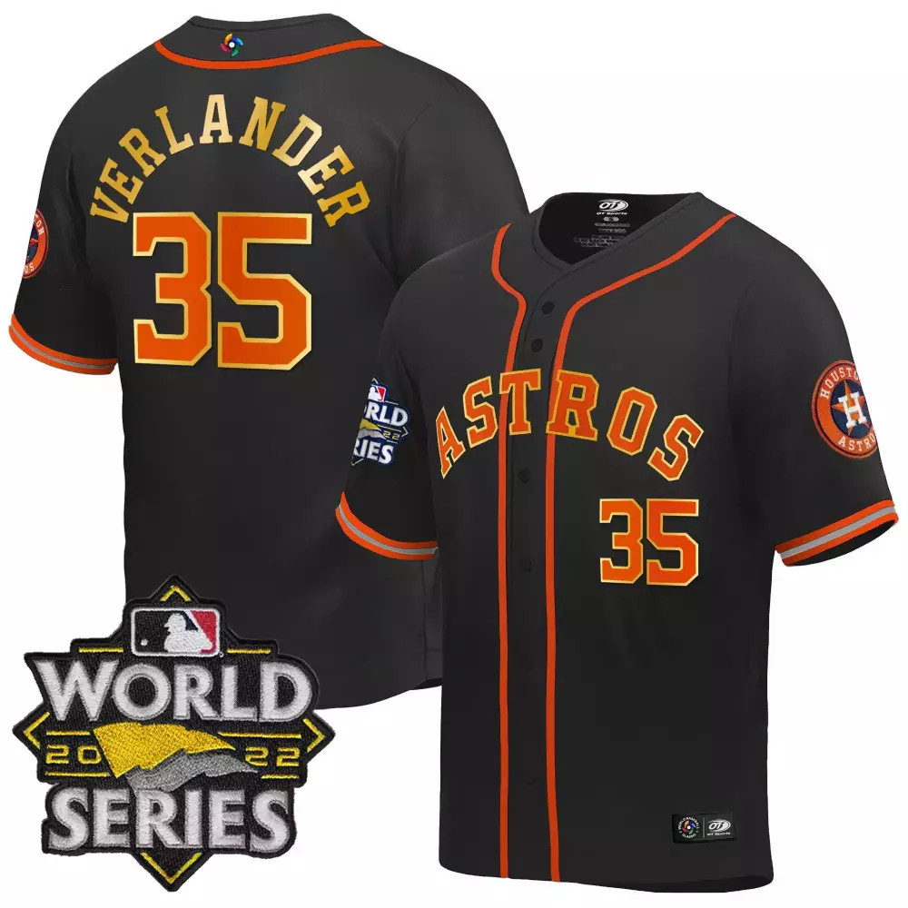 Justin Verlander 35 Astros Jersey Black 2022 World Series Men Orange Gold Classic