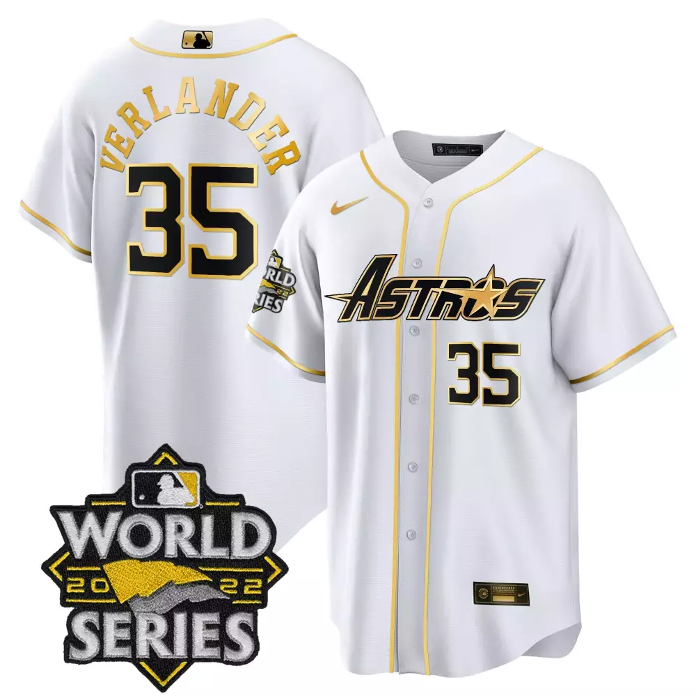 Justin Verlander 35 Astros Jersey White World Series 2022 Men Black Gold Cool Throwback