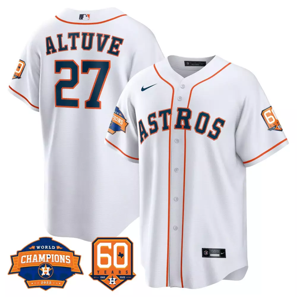 Jose Altuve 27 Astros Jersey White World Champions 2022 60 Years 1962-2022 Men Orange