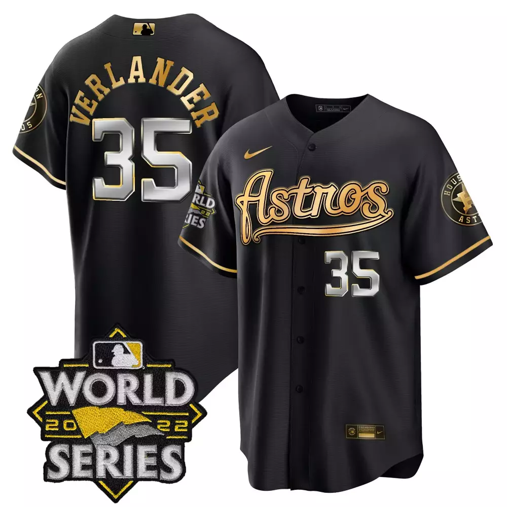 Justin Verlander 35 Astros Jersey Black 2022 World Series Men Gold Silver Cool Throwback