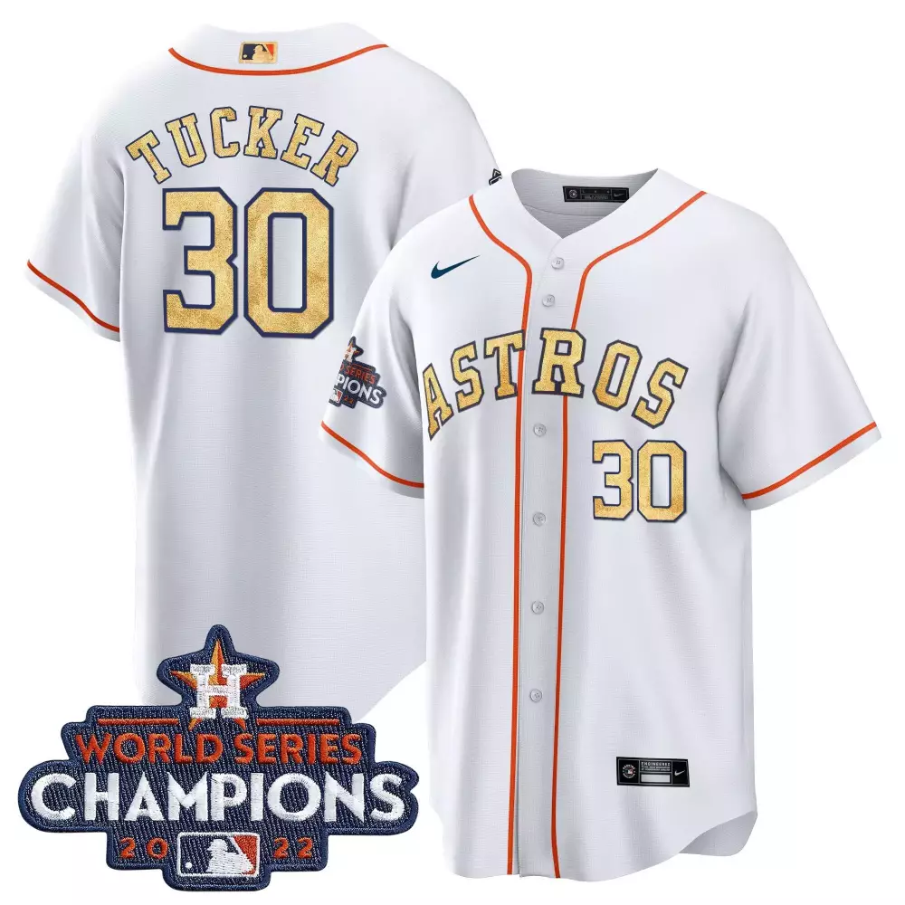 Kyle Tucker 30 Astros Jersey White 2022 World Series Champions Men Orange Gold Cool