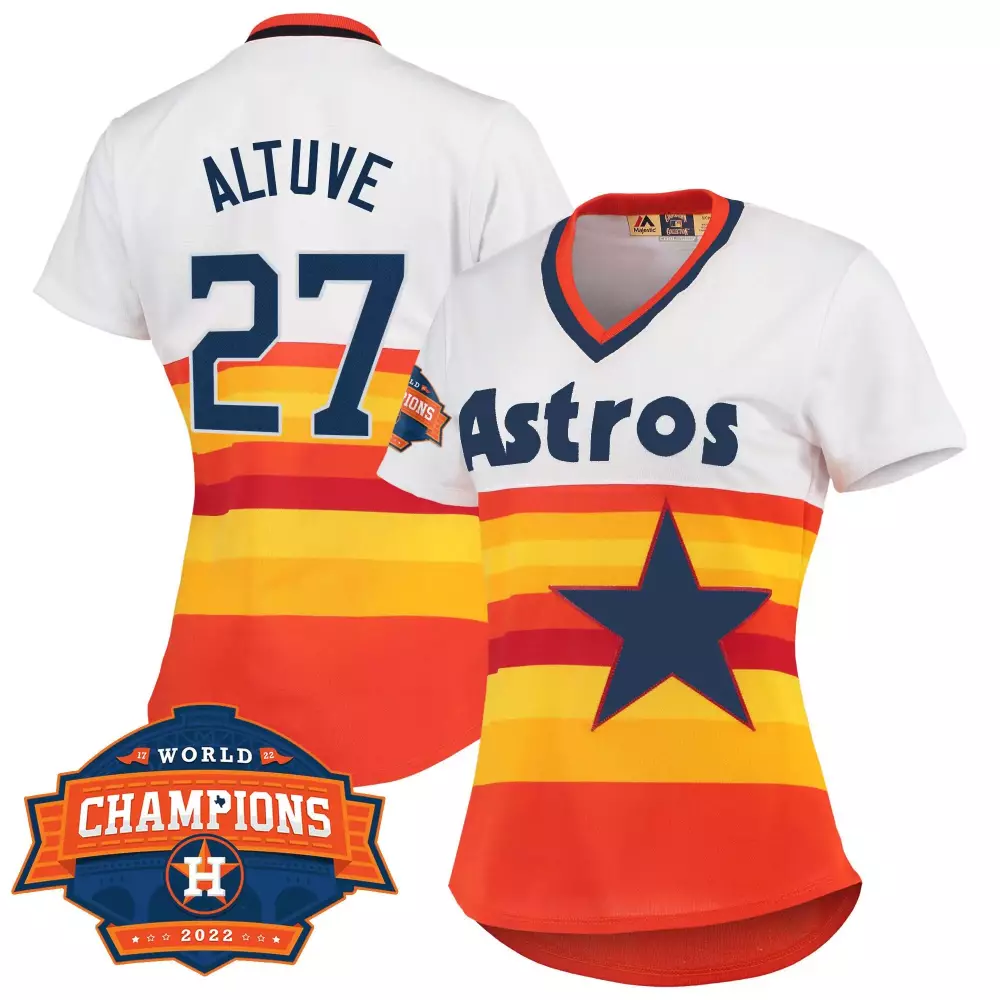 Jose Altuve 27 Astros Jersey White World Champions 2022 Women Alternate Split Design