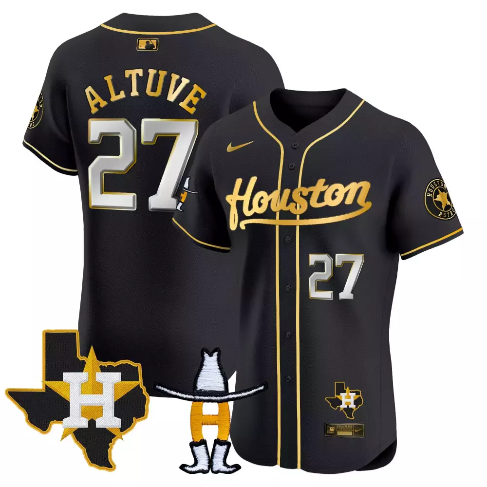 Jose Altuve 27 Houston Astros Jersey Black Texas Cowboy Hat Boots Men Gold Silver
