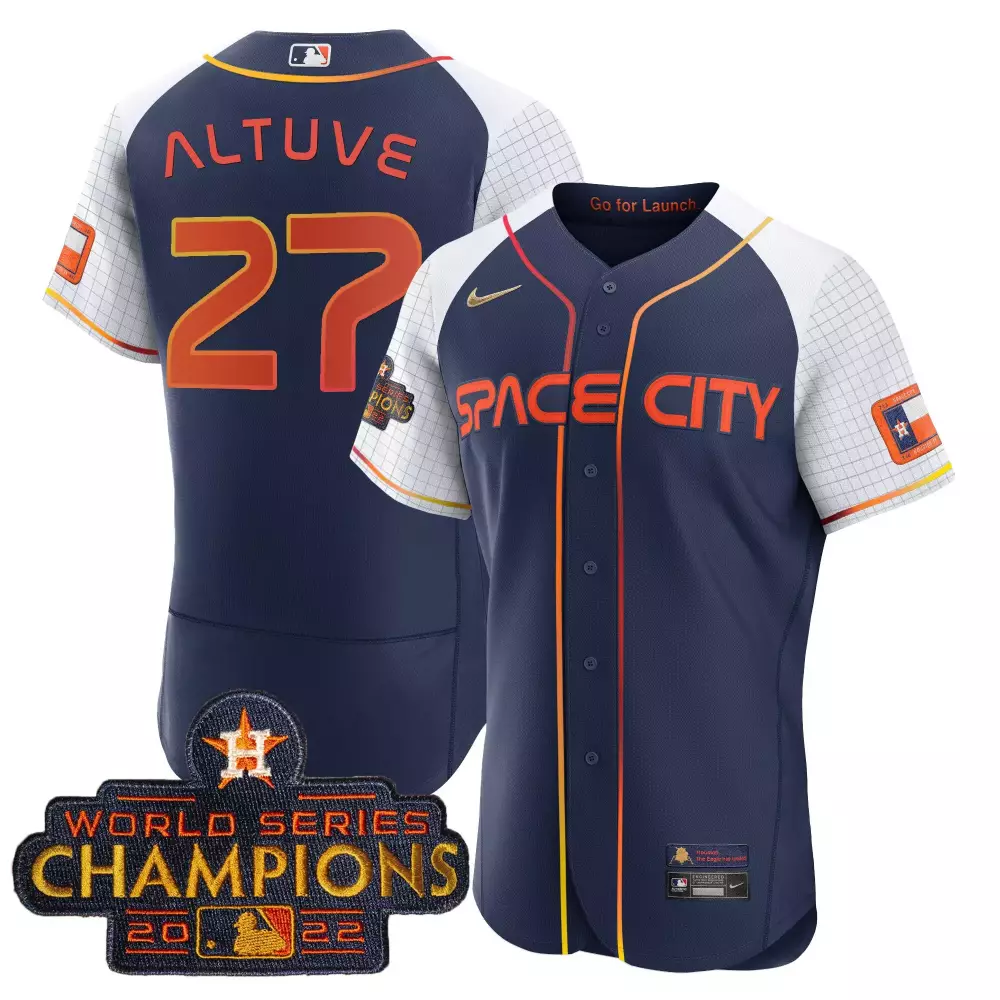 Jose Altuve 27 Houston Astros Jersey Navy Blue Space City 2022 World Series Champions
