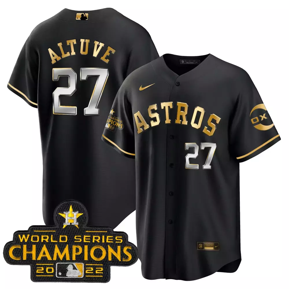 Jose Altuve 27 Astros Jersey Black World Series Champions 2022 Men Gold Silver Rush