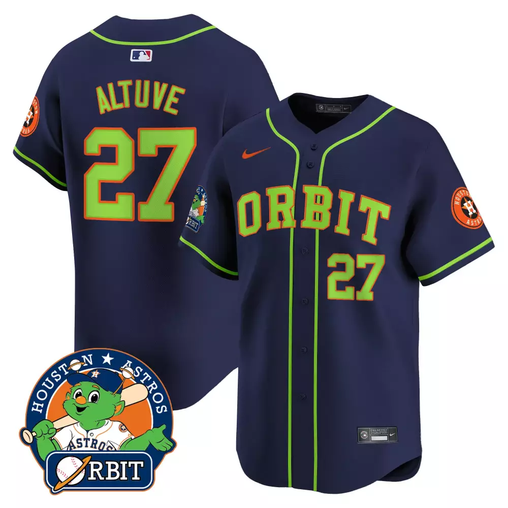 Jose Altuve 27 Houston Astros Jersey Navy Orbit Mascot Men Lime Green All Stitched