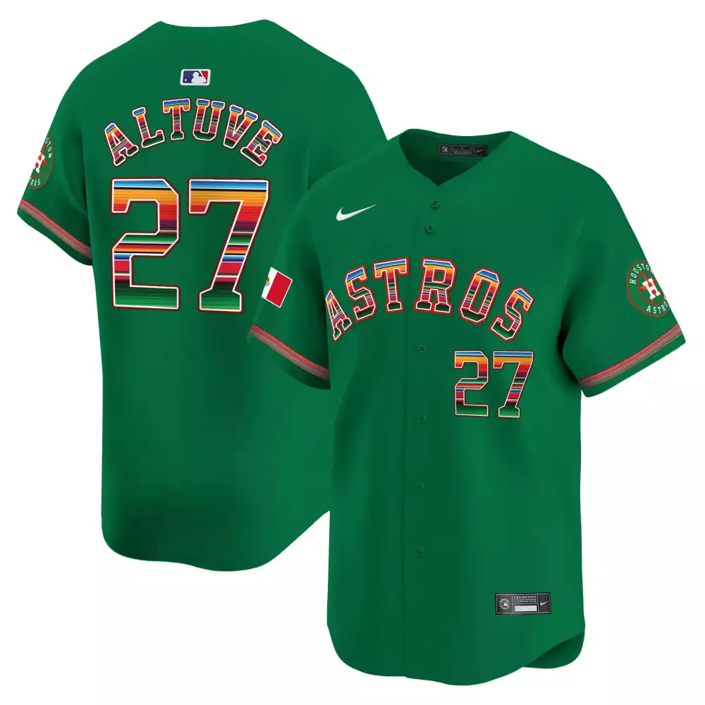 Jose Altuve 27 Astros Jersey Green Mexico Flag Men Alternate Custom Design Red Yellow