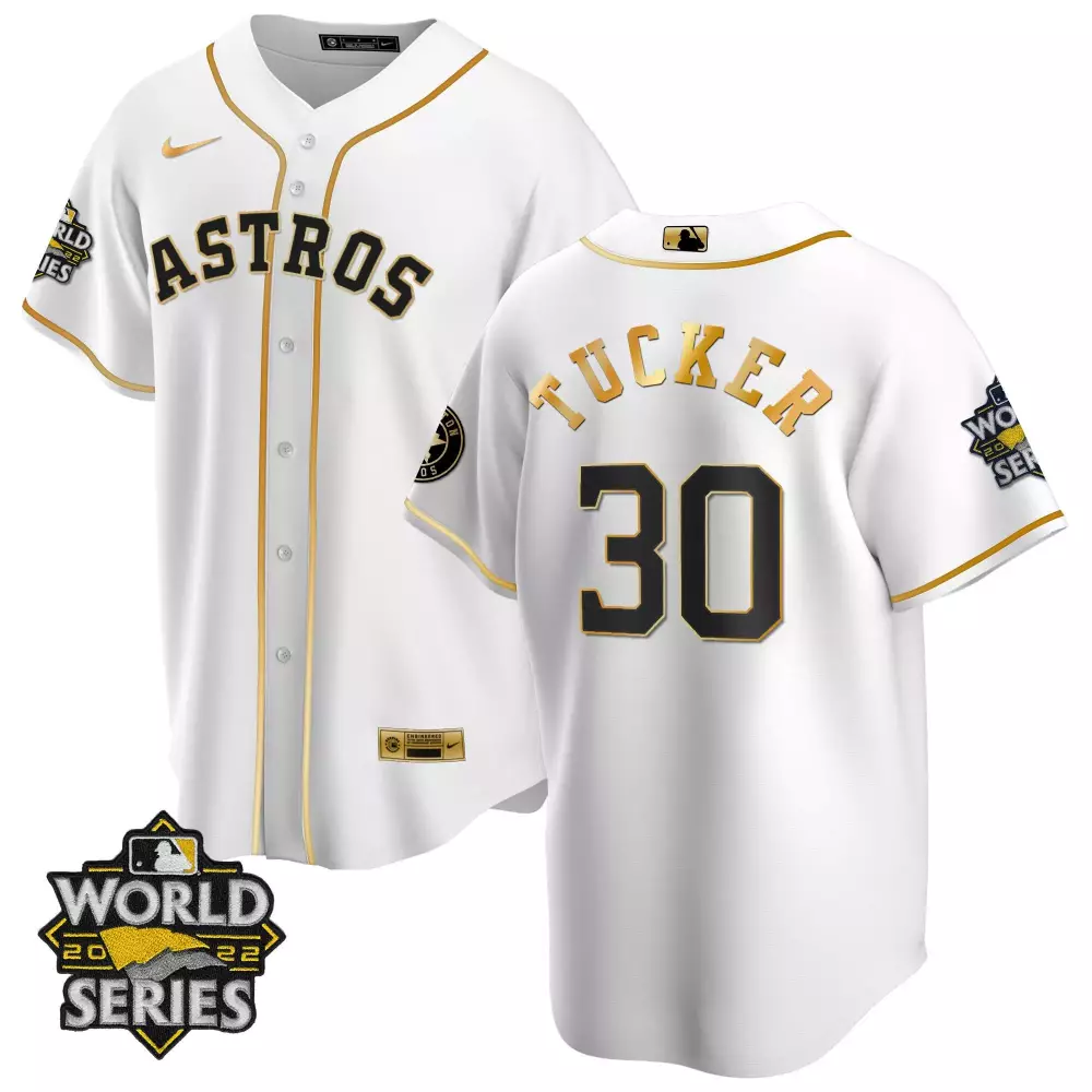 Kyle Tucker 30 Astros Jersey White 2022 World Series Men Gold Black Cool Base All