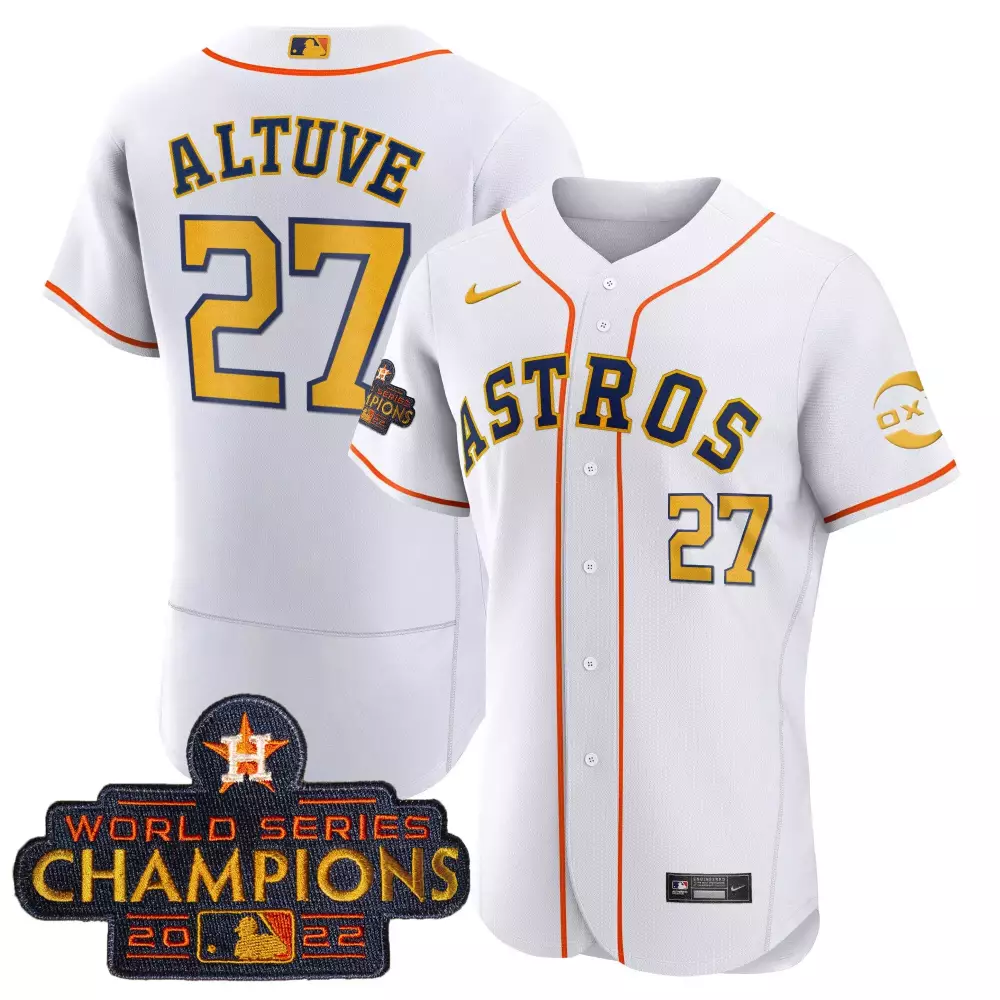 Jose Altuve 27 Astros Jersey White 2022 World Series Champions Houston Men Navy Orange