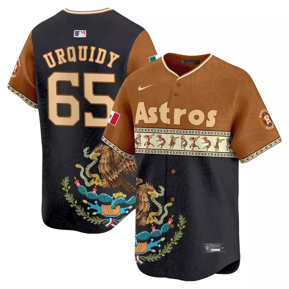 Jose Urquidy 65 Astros Jersey Brown Mexico Day Men Custom Design Black Gold Vapor