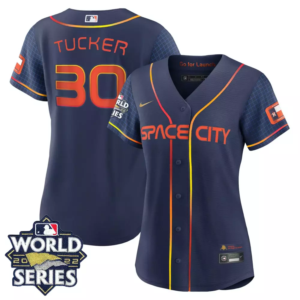 Kyle Tucker 30 Houston Astros Jersey Navy Space City World Series 2022 Men Orange