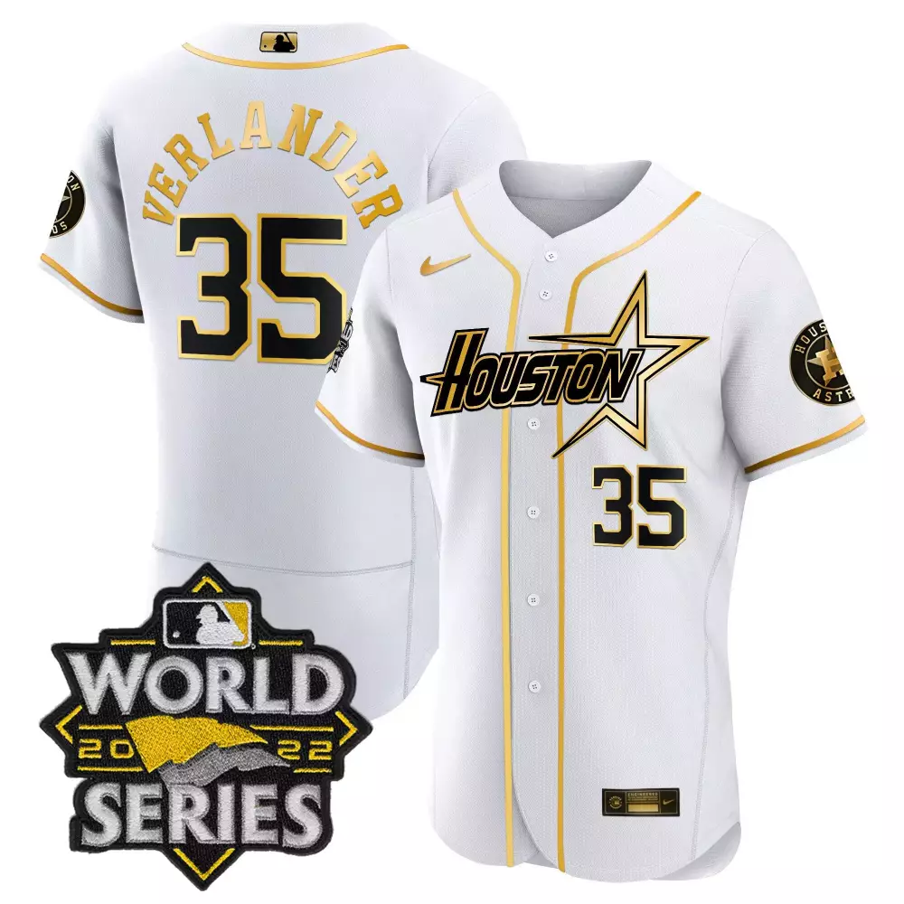 Justin Verlander 35 Jersey White Houston Astros World Series 2022 Men Gold Black